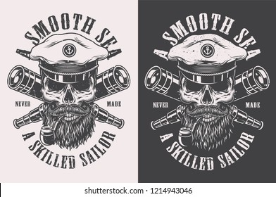 Vintage monochrome sailing label with sea captain skull in hat smoking pipe and crossed spyglasses isolated vector illustration