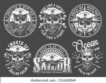 Vintage monochrome sailing and marine emblems with skulls in sea captain hat crown sailor cap neptune trident spyglasses isolated vector illustration