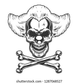 Vintage monochrome scary evil clown skull with crossbones isolated vector illustration