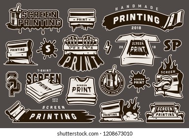 Vintage monochrome screen printing elements set with squeegees silkscreen inscriptions blots shirts lightning on gray background isolated vector illustration