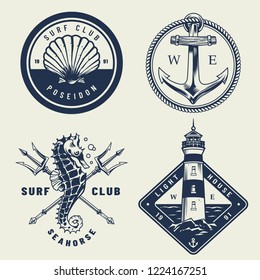 Vintage monochrome sea emblems set with seashell anchor seahorse crossed poseidon tridents lighthouse isolated vector illustration