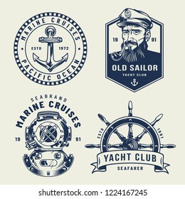 Vintage monochrome sea and marine labels with anchor sailor diving helmet ship wheel isolated vector illustration