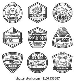 Vintage monochrome seafood labels set with crab shrimp octopus squid cuttlefish seashells lobster isolated vector illustration