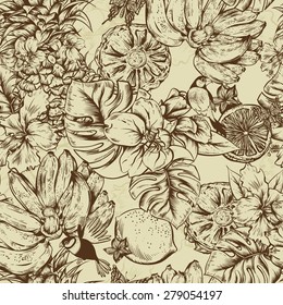 Vintage Monochrome Seamless Background, Tropical Fruit, Flowers, Butterfly and Birds, Vector Illustration. Pineapple and Pomegranate, Lemon Banana and Hibiscus