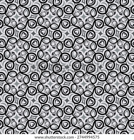 Vintage, monochrome seamless pattern with swirls. Overlapping art forms, stripes, polygons, segments are grouped and arranged in a certain order. Vector. 