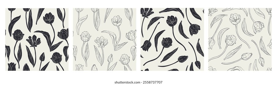 Vintage monochrome seamless patterns set with tulips flowers. Hand drawn floral background. Spring flowers silhuette wallpaper bundle