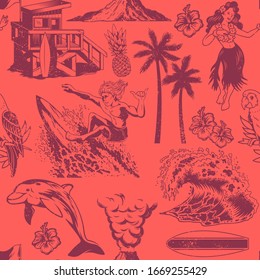 Vintage monochrome seamless textile pattern with surfing, hula girl, waves, summer, beach, palms, Hawaii flowers, dolphin, beach house, volcano, parrot Custom graphic apparel print design illustration