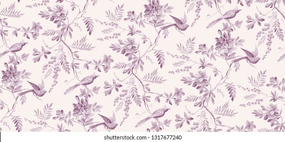 vintage monochrome seamless texture. small birds on the blooming cherry blossom.