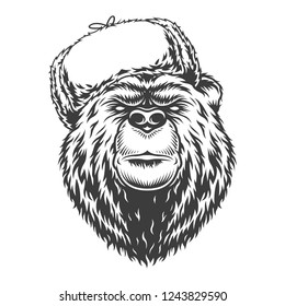 Vintage monochrome serious russian bear in traditional ushanka hat isolated vector illustration