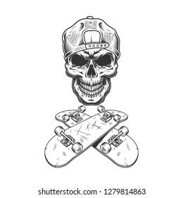 Vintage monochrome skateboarder skull in cap wtih crossed skateboards isolated vector illustration