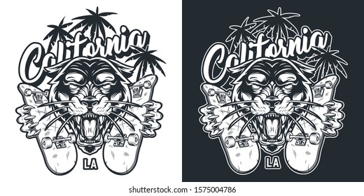 Vintage monochrome skateboarding emblem with angry black panther holding skateboards isolated vector illustration