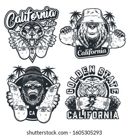 Vintage monochrome skateboarding prints with aggressive angry tiger black panther gorilla and serious bear with skateboards isolated vector illustration
