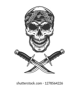 Vintage monochrome skull in bandana and crossed knives isolated vector illustration