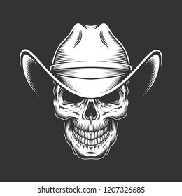 Vintage monochrome skull in cowboy hat isolated vector illustration