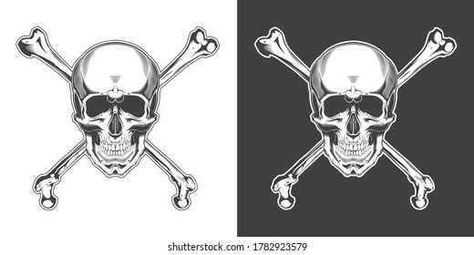 Vintage monochrome skull with crossbones isolated vector illustration