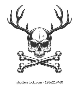 Vintage monochrome skull with deer horns and crossbones isolated vector illustration