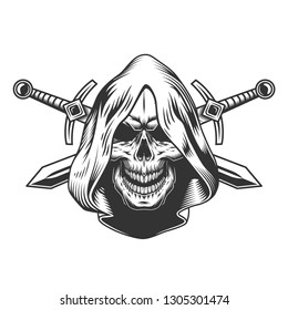 Vintage monochrome skull in hood with crossed swords isolated vector illustration