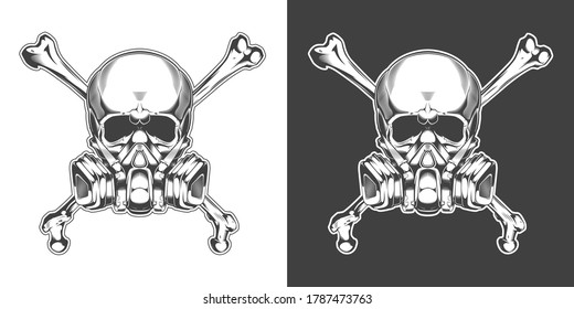 Vintage monochrome skull with respirator and crossed bones isolated vector illustration