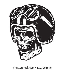Vintage monochrome skull rider concept with motorcycle helmet and goggles isolated vector illustration