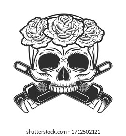 Vintage monochrome skull with rose and new construction crossed wrenches plumbing and gas pipes isolated vector illustration