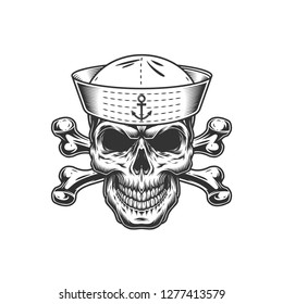 Vintage monochrome skull in sailor hat with crossbones isolated vector illustration