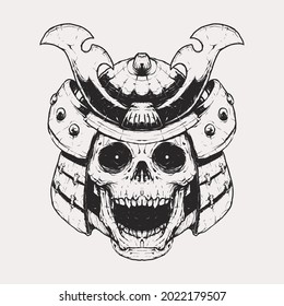 Vintage monochrome skull with samurai helmet illustration. Isolated vector template. suitable for t-shirt and print product etc.