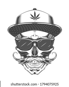 Vintage monochrome skull with sunglasses, baseball cap and mustache. Isolated vector template