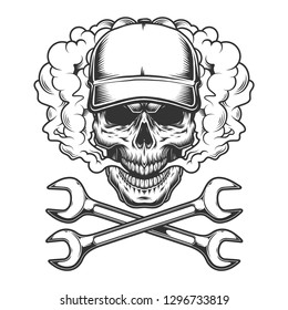 Vintage Monochrome Skull Wearing Baseball Cap In Smoke Cloud With Crossed Wrenches Isolated Vector Illustration