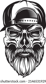 Vintage monochrome skull wearing cap with beard. vector illustration