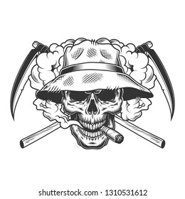 Vintage monochrome skull wearing panama hat in smoke cloud with crossed reaper scythes isolated vector illustration