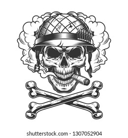 Vintage monochrome skull wearing soldier helmet in smoke cloud with crossbones isolated vector illustration