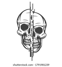 Vintage monochrome sliced human skull with abstract distortion lines isolated on white background. Hand drawn design element template for emblem, print, cover, poster. Vector illustration.