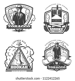 Vintage monochrome smoke emblems set with inscriptions smoker crossed cigarettes pipes hookah isolated vector illustration