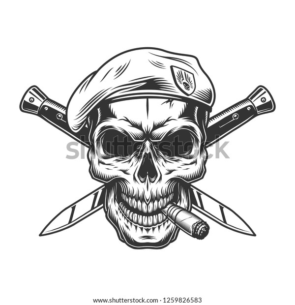 Vintage Monochrome Soldier Skull Beret Cigar Stock Vector (Royalty Free ...