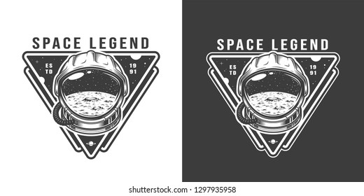 Vintage monochrome space badge with moon surface and stars in cosmonaut helmet isolated vector illustration