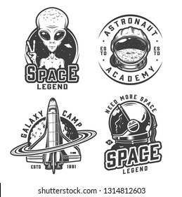 Vintage monochrome space badges set with alien showing peace sign moon surface in astronaut helmet shuttle and cosmonaut isolated vector illustration