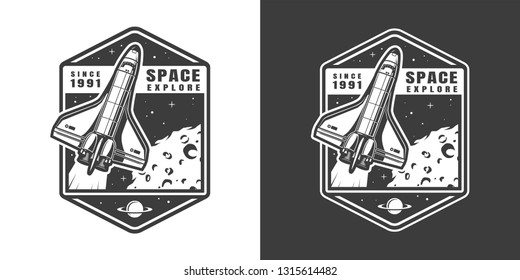 Vintage monochrome space exploration label with flying shuttle moon stars isolated vector illustration