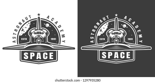 Vintage monochrome space label with shuttle front view isolated vector illustration