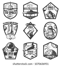 Vintage monochrome space labels set with spaceships ufo astronauts rocket antenna helmet scientific station comets meteors isolated vector illustration