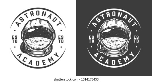 Vintage Monochrome Space Logo With Moon Surface In Astronaut Helmet Isolated Vector Illustration