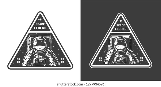 Vintage monochrome space print with astronaut in spacesuit isolated vector illustration