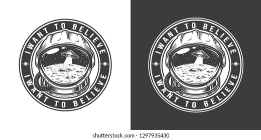 Vintage monochrome space round label with moon surface and ufo in astronaut helmet isolated vector illustration