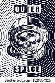 Vintage monochrome space template with skull in astronaut helmet divided on dark and light sides vector illustration