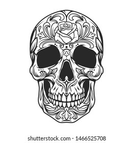 Vintage monochrome sugar skull with rose flower and floral pattern isolated vector illustration
