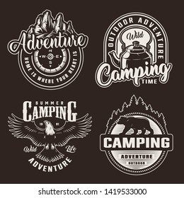 Vintage monochrome summer recreation logotypes with mountains forest landscapes kettle eagle navigational compass bear silhouette isolated vector illustration