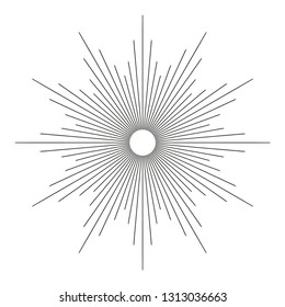 Vintage monochrome sunburst, starburst, bursting rays. Trendy cool design element isolated on white.
