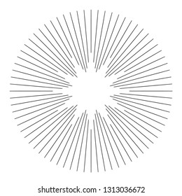 Vintage monochrome sunburst, starburst, bursting rays. Trendy cool design element isolated on white.