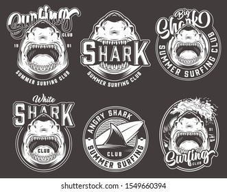 Vintage monochrome surfing club emblems with dangerous cruel sharks sea waves and surfboard isolated vector illustration svg