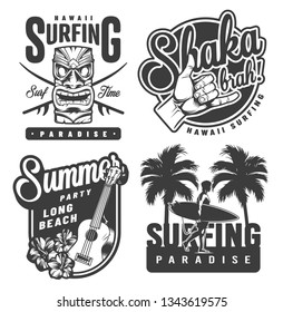 Vintage monochrome surfing emblems with hawaiian tiki mask shaka hand sign ukulele hibiscus flowers palms surfer holding surfboard isolated vector illustration