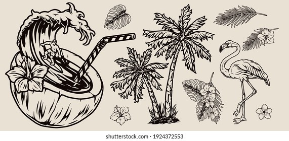 Vintage monochrome surfing tropical composition with hibiscus and plumeria flowers leaves palm trees flamingo and man riding wave in coconut with straw isolated vector illustration